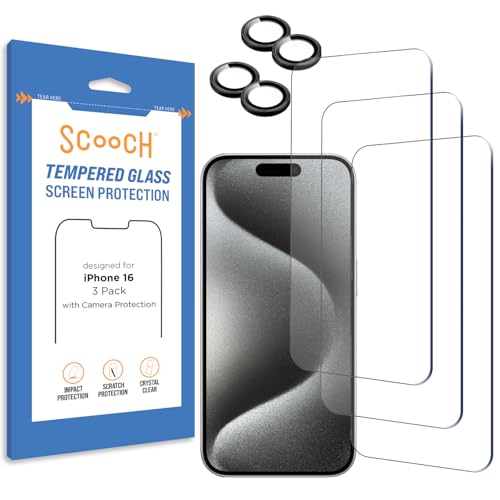 Scooch® Tempered Glass Multipack for iPhone 16, 3 Screen Protectors and 2 Camera Lens Protectors, Premium 9H Tempered Glass, Anti-Scratch, Anti-Fingerprint, Impact Resistant - size: iPhone 16
