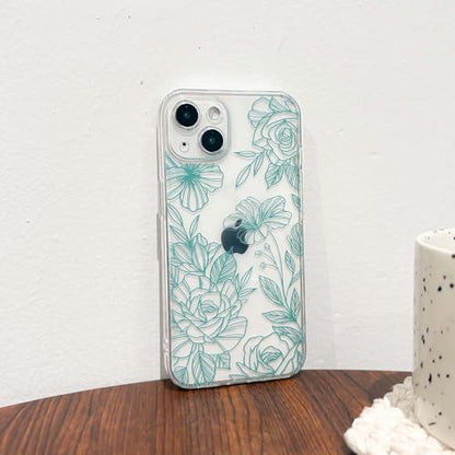 NITITOP Compatible for iPhone 17 Case Cute Clear Floral Flower - Green | for Girls Women , Girly , Aesthetic , Soft TPU , Full Camera Lens , Protective , Shockproof Phone Cover - color: Teal