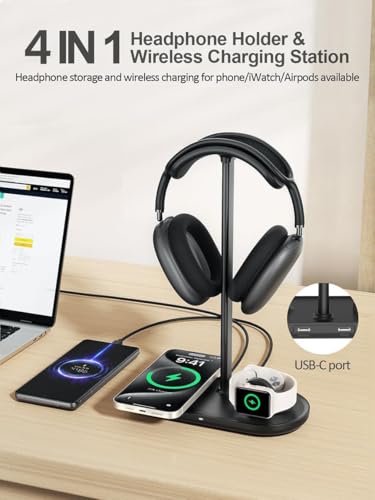 4 in 1 Headphone Stand, 15W Wireless Charger for Airpods/iPhone/iWatch - color: Dark Black