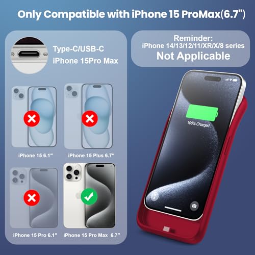 Battery Case for iPhone 15Pro Max, Upgrade 8600mah Portable Slim Battery Charging Case, 15W Fast Charging Rechargeable Protective Extended Charger Cover for iPhone 15 Pro Max (6.7 inch)-Red - color: Red