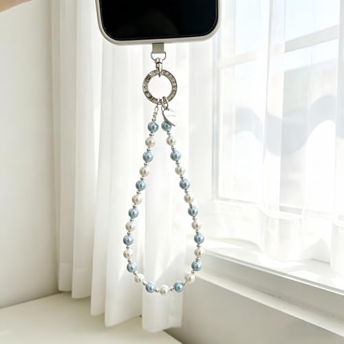 Beaded Pearl Phone Charm Wrist Strap, Camera AirPods Bags Charms(Blue） - color: Blue