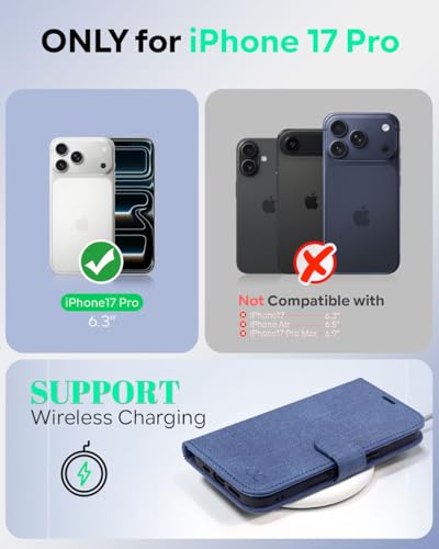 OCASE Compatible with iPhone 17 Pro Wallet Case, PU Leather Flip Folio Case with Card Holders RFID Blocking Kickstand [Shockproof TPU Inner Shell] Phone Cover 6.3 Inch 2025, Denim Blue - color: Denim Blue