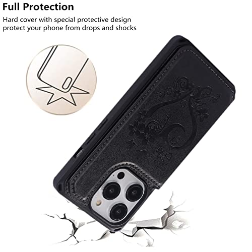 iCoverCase Compatible with iPhone 14 Pro Wallet Phone Case with Card Holder for Women, RFID Blocking Embossed PU Leather Wrist Strap Case 6.1 Inch (Heart Black) - color: H-Black