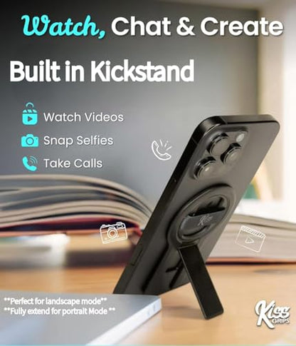 Phone Grip for MagSafe, Holder, Loop, and Kickstand – Ultra-Thin Dual Magnetic 360° Spin Tripod, Selfie Stick, Phone Stand – Wireless Charge Through, Strong Hold, Sleek Design