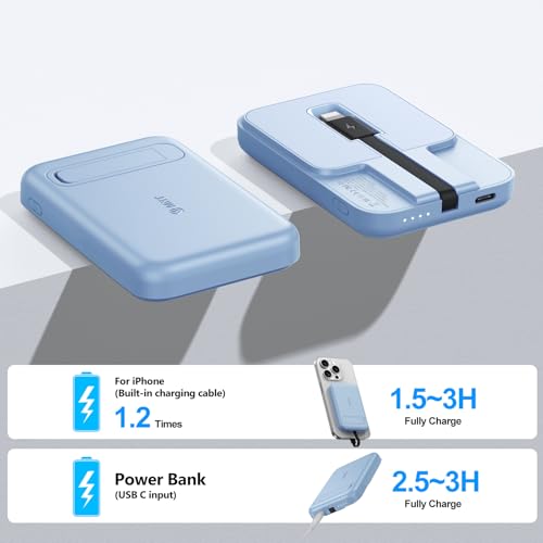 Mini Portable Charger, 5200 mAh Charger Power Bank Slim Small Chargers with Built-in Cable, Travel Battery Pack for iPhone 14/13/12/11 Pro/Pro Max/Plus/Mini/AirPods Blue - color: Blue