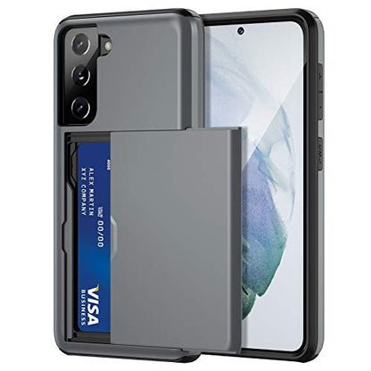 Jiunai for Samsung Galaxy S21 Case Wallet Credit Card IDs Cash Holder Grey | Slide Cover Dual Layer Hybrid Protective Hard PC Soft TPU Rubber Cover Phone Case for Samsung Galaxy S21 5G 6.2'' Women Men - color: Grey