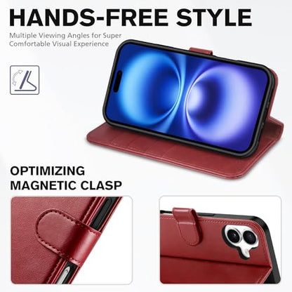 TUCCH Case Wallet for iPhone 16 (6.1") 2024, RFID Blocking Folio, Dark Red | 4 Card Holders, Kickstand, PU Leather, Magnetic Closure, Shockproof TPU Shell, Protective Flip Cover - color: Dark Red