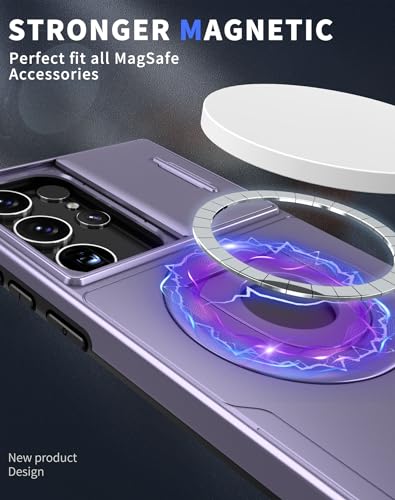 ANNGELAS for Samsung Galaxy S23 Ultra Mag Safe Kickstand Case with Slide Camera Cover,Slim Shockproof Military Heavy Duty Anti Drop Full Body Protection,360 Rotating Stand Magnetic Phone Case(Purple) - color: Magnetic Stand Purple