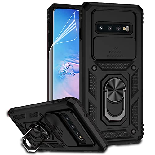 for Samsung Galaxy S10 Plus Case with Camera Lens Cover HD Screen Protector, Military-Grade Drop Tested Magnetic Ring Holder Kickstand Protective Phone Case for Samsung Galaxy S10+ Plus (Black) - color: Black with camera cover Military-Grade 2nd gen
