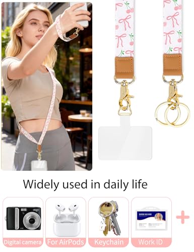 Phone Lanyard Crossbody Strap, Adjustable Neck Strap and Wristlet Strap for Phone Wallet ID Badge with 2 Phone Tabs - color: Bowknot Cherry