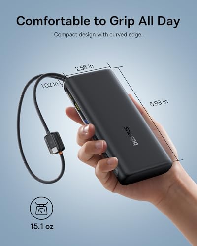 Baseus Portable Charger with Built in Cable, 100W Laptop Power Bank 20000mAh, Travel Essential Fast Charging USB C Battery Pack for MacBook, iPhone 18/17/16 Series, Samsung Galaxy S25/24, TSA-Approved - color: Dark Black