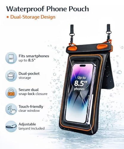 2 Pack Floating Phone Pouch with Dual Compartments, IPX8 Rated Waterproof Case for Rain, Beach, Boating & Kayaking, Clear Touch Screen, Fits Phones Up to 8.5”(Black-Black)