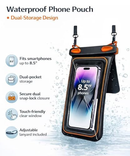 2 Pack Floating Phone Pouch with Dual Compartments, IPX8 Rated Waterproof Case for Rain, Beach, Boating & Kayaking, Clear Touch Screen, Fits Phones Up to 8.5”(Black-Black)