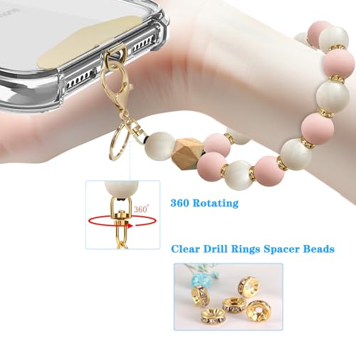 Silicone Beaded Phone Wrist Strap, Phone Bracelet Strap with Tether Tab Elastic Hands Free Wristlet Strap - color: Pink White