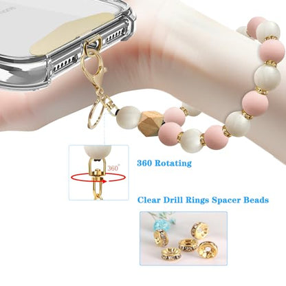 Silicone Beaded Phone Wrist Strap, Phone Bracelet Strap with Tether Tab Elastic Hands Free Wristlet Strap - color: Pink White