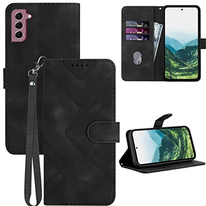 for Samsung S21 Case Wallet Card Holder Strap (Black) | PU Leather Pattern, Card Slots, Cash Pocket, Kickstand, Magnetic Closure, Flip Cover, TPU Inner, Shockproof Protective - color: Black