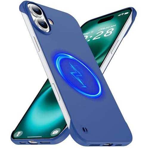 GRECAZO Magnetic Slim Frameless Case for iPhone 16, Blue | Compatible with MagSafe, Soft-Touch Matte Hard PC Cover, Ultra Thin Lightweight Minimalist, Pull Ring Lanyard, 6.1 Inch - color: Blue, size: iPhone 16