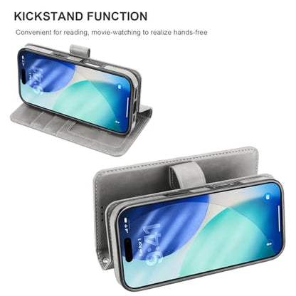 Bocasal Detachable Wallet Case Card Holder for iPhone 17 Pro, Grey | RFID Blocking Kickstand Card Slots Holder PU Leather Magnetic Shockproof Wrist Strap Removable Flip Protective Cover 6.3 inch - color: Gray