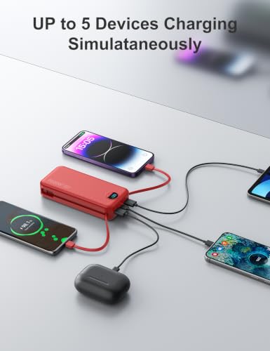 Portable Charger Power Bank 20000mAh with Built in Cables & Wall Plug - color: Red