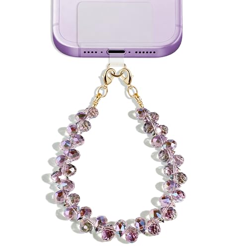 Natural Stone Beaded Phone Wrist Strap for Women, 304 Steel Core - color: Gray Purple