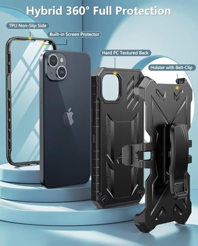 FNTCASE for iPhone 14 Plus Case, Belt Clip, Built-in Screen Protector | Rugged Kickstand, 20FT Military-Grade Drop Protection, Full Body Heavy Duty Shockproof Holster, Hard Protective Cover - color: Black Black