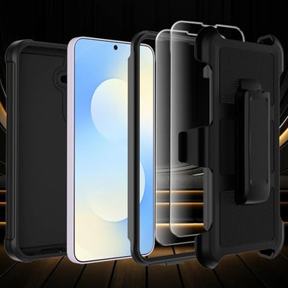 for Samsung Galaxy S25 FE Case with Belt Clip Holster,Military Grade Anti-Drop Shockproof Defender Phone Cases 2X Screen Protectors,2 Layers Rugged Heavy Duty Protective Bumper Cover (Black) - color: Black