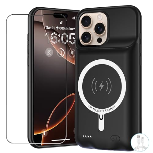 Battery Case for iPhone 16 Pro, 10000mAh Battery Pack Rechargeable Charger Case Support Carplay with Wireless Charging Compatible for iPhone 16 Pro (6.3 inch) External Battery Charging Cover(Black) - size: iPhone 16 Pro-Black
