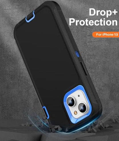 iPhone 13& iPhone 14 Heavy-Duty Case, Military-Grade Shockproof Protection, Includes 2 Tempered Glass Screen Protectors - Black Blue - color: Black Blue