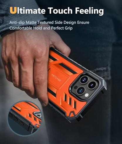 FNTCASE for iPhone 15 Pro Max Case, Built-in Screen Protector, Kickstand | Military-Grade Drop Protection, Anti-Slip Matte Textured, Rugged Heavy Duty Shockproof TPU Protective Cover - color: Orange