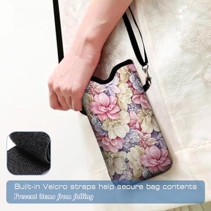 Universal Neoprene Cell Phone Pouch 7.1 X 4 in Mobile Protection Case Bag with Crossbody Strap/Neck Lanyard Luxury Flowers Leaf Printed Pattern - color: Luxury Flowers Leaf Printed Pattern