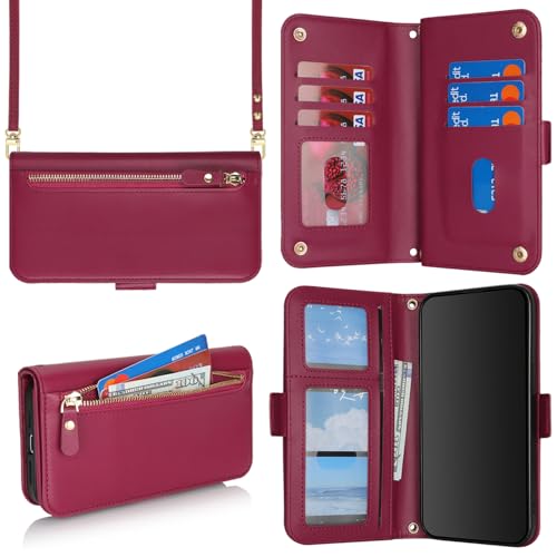 for iPhone 15 Pro Wallet Case for Women,for iPhone 15 Pro Case with Strap Crossbody Lanyard,PU Leather Shockproof Card Holder Stand Zipper Pocket Flip Phone Case-Dark red - color: Dark red