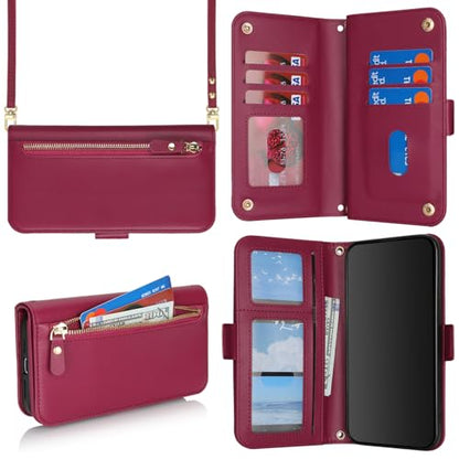 for iPhone 15 Pro Wallet Case for Women,for iPhone 15 Pro Case with Strap Crossbody Lanyard,PU Leather Shockproof Card Holder Stand Zipper Pocket Flip Phone Case-Dark red - color: Dark red