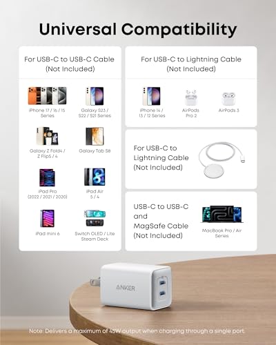 Anker Nano Phone Charger,47W Max 2-Port GaN Fast Charger USB C - color: white, size: 2.36 x 3.94 x 2.36 inche