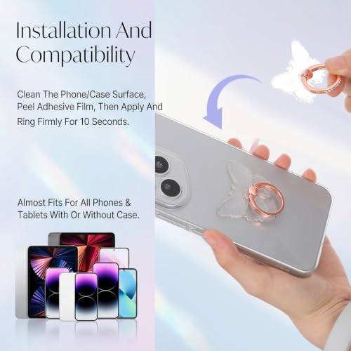 4pcs Transparent Butterfly Phone Ring Holder Clear Butterfly Phone Case Ring 360°Rotation Finger Holder Grip Compatible with Most Smartphones Tablets Cellphone Case