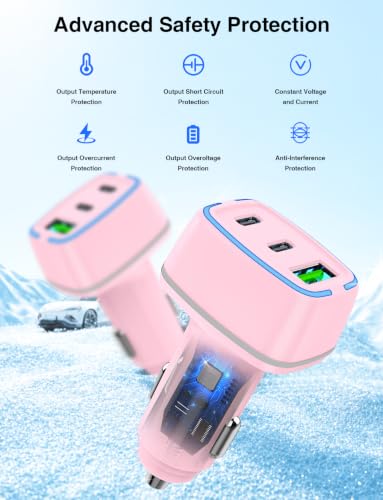 75W USB C Car Charger, 3-Port Super Fast Charging Cigarette Lighte - color: Pink