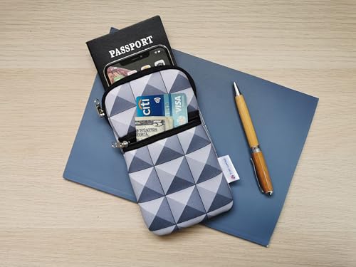 Tainada Small Crossbody Zipper Phone Neck Pouch (3D Silver Gray Geometric) mini Neoprene Dual Zip Wallet Purse Bag; Water-Resistant, Shockproof, Lightweight; Adjustable & Detachable Strap - color: 3D Silver Gray Geometric