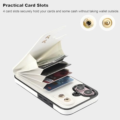 Folosu Compatible with iPhone 16 Case Wallet with Card Holder, 360°Rotation Finger Ring Holder Kickstand, RFID Blocking Leather Protective Double Buttons Shockproof Cover 6.1 Inch White - color: White