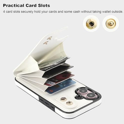 Folosu Compatible with iPhone 16 Case Wallet with Card Holder, 360°Rotation Finger Ring Holder Kickstand, RFID Blocking Leather Protective Double Buttons Shockproof Cover 6.1 Inch White - color: White