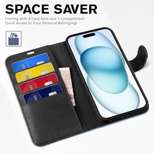 TUCCH Wallet Case for iPhone 15 (6.1"), 4 Card Holders, Black & Light Blue | RFID Blocking, Viewing Stand, Shockproof TPU Shell, PU Leather, Magnetic Closure, Protective Folio Flip Cover - color: Black & Light Blue