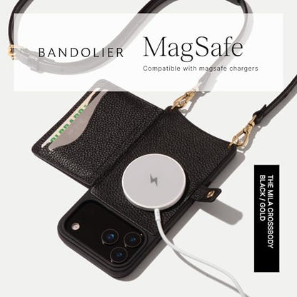 Bandolier Mila Leather Crossbody MagSafe Case iPhone 17 Pro Max- Black/G | Crossbody leather phone case. Built-in card-holder. Adjustable & removable strap. MagSafe Design. Phone drop protection. - color: Black/Gold, size: Iphone 17 Pro