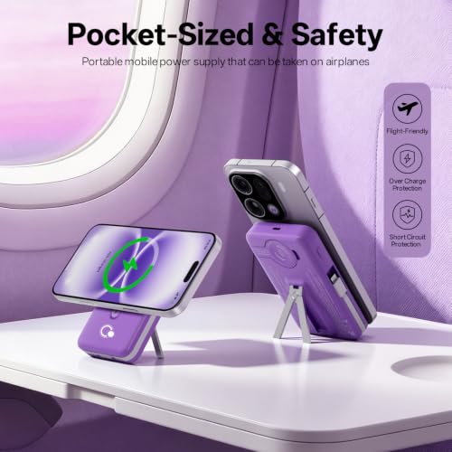 Q Magnetic Wireless Portable Charger 10,000mAh, Travel Essentials Power Bank with Built-in Cables & Foldable Stand, External Battery Pack Compatible with iPhone 17/16/15/14/13/12, Apple Watch - color: Purple