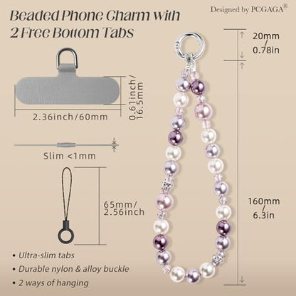 pcgaga Pearl Beaded Phone Charm, Phone Wrist Strap, Handmade Bracelet Straps, Anti-Lost Lanyard Wrist Chain for Airpods Women Girls Gift - color: Purple Dream