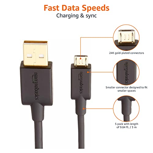 Amazon Basics 5-Pack USB-A to Micro USB Charging & Data Transfer Cable, 480Mbps Transfer Speed, Gold-Plated Plugs, USB 2.0, 10 Foot, Black - size: 10 Feet, style: 5-Pack