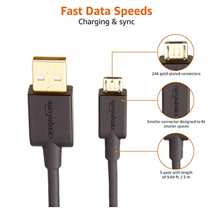 Amazon Basics 5-Pack USB-A to Micro USB Charging & Data Transfer Cable, 480Mbps Transfer Speed, Gold-Plated Plugs, USB 2.0, 10 Foot, Black - size: 10 Feet, style: 5-Pack
