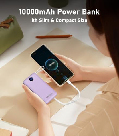 Portable Charger, 10000mAh Power Bank Built-in 4 Cables, Travel Essential - color: Lilac