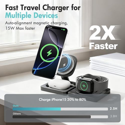 3-in-1 Foldable Magnetic Wireless Charger,15W Fast Charging Pad for Travel