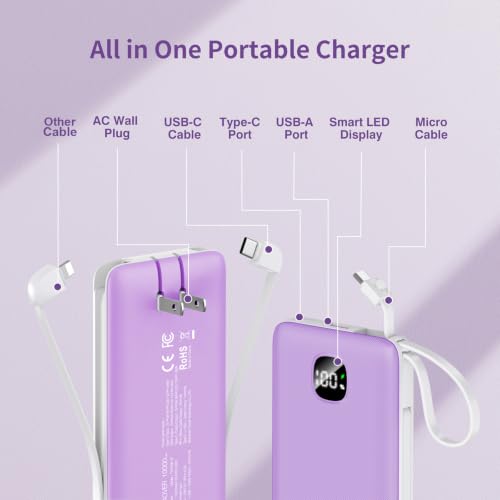 Portable Charger 10000mAh 22.5W Power Bank,Built-in 3 Cables & AC Wall Plug - color: Purple
