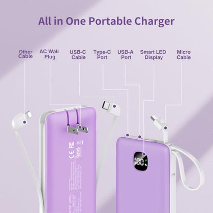 Portable Charger 10000mAh 22.5W Power Bank,Built-in 3 Cables & AC Wall Plug - color: Purple