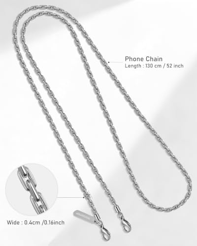 ROCONTRIP Metal Phone Chain Set Crossbody Phone Chain and Phone Wrist Strap iPhone Lanyard Handmade Phone Strap and Phone Wristlet Strap with 2*Tether Tabs for Women and Men - color: Bright Silver, size: Long