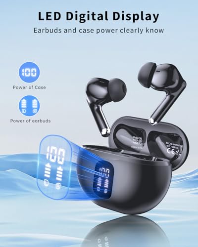 Wireless Earbuds, Bluetooth 5.4 Headphones with 50H Playback, Deep Bass Stereo Ear Buds Clear Calls with LED Power Display, IPX7 Waterproof, in-Ear Earphones with Mic for Phone/Android/iPad, Black